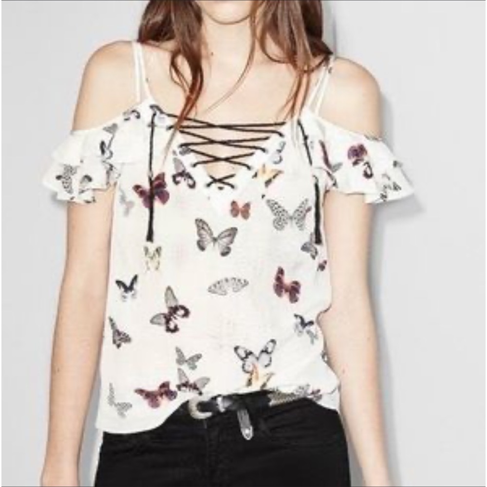 The Kooples Lace Up Butterfly Cold Shoulder Blouse Size S